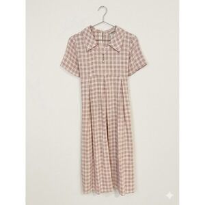 VNTG 90s Pink White Gingham Pearl Neck Empire Waist 50s Revival Size M/L